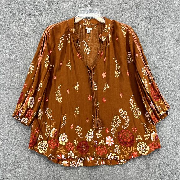 Ecote Tops - Ecote Top Womens Medium Brown Boho Floral Slit Sleeves Fairy Tunic Blouse relaxe